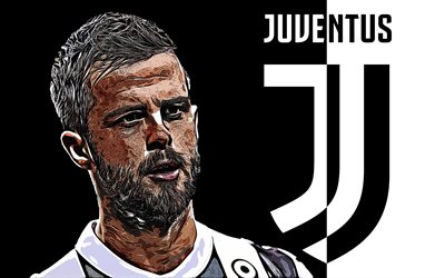 Miralem Pjanic, 4k, art, Juventus FC, Bosnian footballer, portrait, grunge art, new Juventus logo, emblem, black and white background, creative art, Serie A, Italy