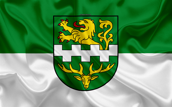 Bandiera di Bergisch Gladbach, 4k, seta, texture, verde di seta bianca, bandiera, stemma, tedesco, citt&#224;, Bergisch Gladbach, Nord Reno-Westfalia, in Germania, simboli