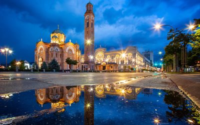 Cathedral of Christ the Saviour, Banja Luka, Serbian Orthodox Cathedral, evening, city lights, Bosnia and Herzegovina