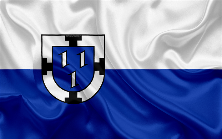 Drapeau de Bottrop, 4k, soie, texture, blanc soie bleu, drapeau, les armoiries, ville allemande, Bottrop, Rh&#233;nanie du Nord-Westphalie, Allemagne, symboles