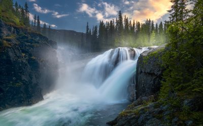 Rjukandefossen, vattenfall, berg river, berg, skogen, kv&#228;ll, sunset, Hemsedal, Norge
