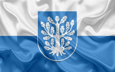 Flag of Offenbach am Main, 4k, silk texture, white blue silk flag, coat of arms, German city, Offenbach am Main, Hesse, Germany, symbols