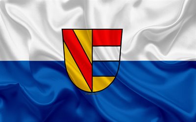 Lipun Pforzheim, 4k, silkki tekstuuri, valkoinen sininen silkki lippu, vaakuna, Saksan kaupunki, Pforzheim, Baden-W&#252;rttemberg, Saksa, symbolit