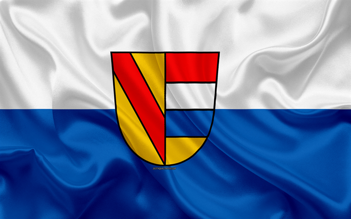 Bandera de Pforzheim, 4k, seda textura, blanco de seda azul de la bandera, escudo de armas, de la ciudad alemana de Pforzheim, Baden-Wurttemberg, Alemania, s&#237;mbolos