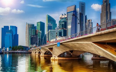 Singapur, puente, rascacielos, centros comerciales, edificios modernos, verano