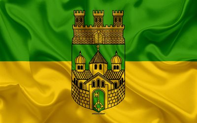 Flag of Recklinghausen, 4k, silk texture, yellow green silk flag, coat of arms, German city, Recklinghausen, North Rhine-Westphalia, Germany, symbols