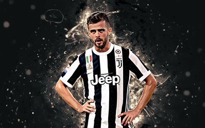 Miralem Pjanic, 4k, arte astratta, Juventus, calcio, Serie A, Pjanic, calciatori, luci al neon, Juventus FC, creative