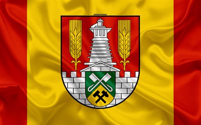 Flag of Salzgitter, 4k, silk texture, yellow red silk flag, coat of arms, German city, Salzgitter, Lower Saxony, Germany, symbols