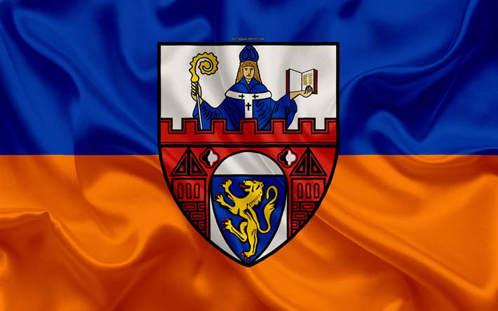 Lipun Siegen, 4k, silkki tekstuuri, sininen oranssi silkki lippu, vaakuna, Saksan kaupunki, Voittoja, Nordrhein-Westfalenissa, Saksa, symbolit