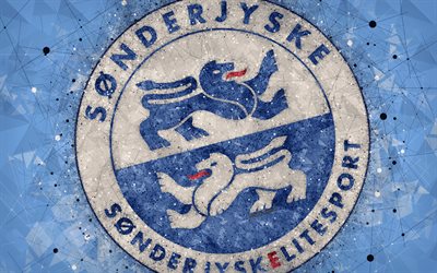SonderjyskE FC, 4k, logo, geometrinen taide, Tanskalainen jalkapalloseura, sininen tausta, Tanskan Superligaen, Hadersleviin, Tanska, jalkapallo, creative art
