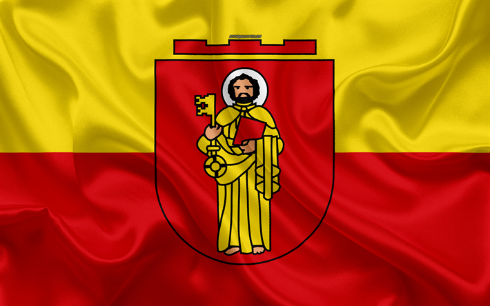 Flaggan i Trier, 4k, siden konsistens, r&#246;d gul silk flag, vapen, Tyska staden, Sortera, Rheinland-Pfalz, Tyskland, symboler