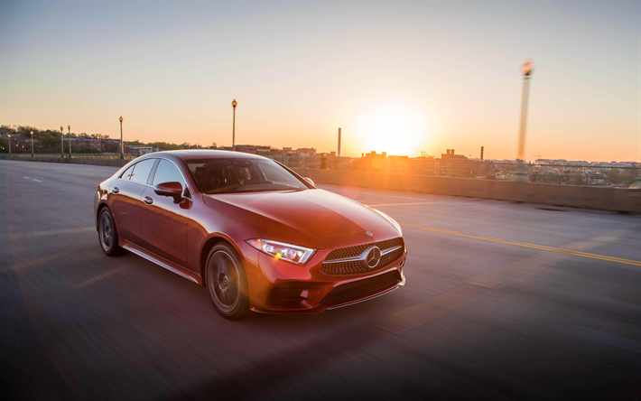 4k, Mercedes-Benz CLS450, strada, 2018 auto, AMG, rosso CLS, motion blur, auto tedesche, Mercedes