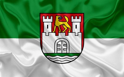 Flag of Wolfsburg, 4k, silk texture, white green silk flag, coat of arms, German city, Wolfsburg, Lower Saxony, Germany, symbols