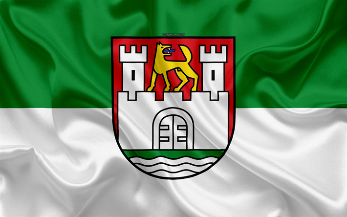 Bandiera di Wolfsburg, 4k, seta, trama, bianco seta verde bandiera, stemma, citt&#224; della germania, Wolfsburg, in Bassa Sassonia, in Germania, simboli