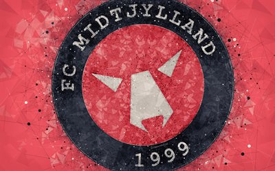FC Midtjylland, 4k, logo, geometric art, Danish football club, red background, Danish Superliga, Herning, Denmark, football, creative art