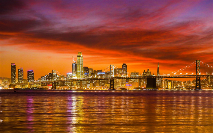 San Francisco, tarde, puesta de sol, las luces de la ciudad, los rascacielos, la metr&#243;polis, el puente, California, estados UNIDOS