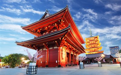 Templo Asakusa Kannon, Templo budista, T&#243;quio, noite, A arquitetura japonesa, templo, Jap&#227;o