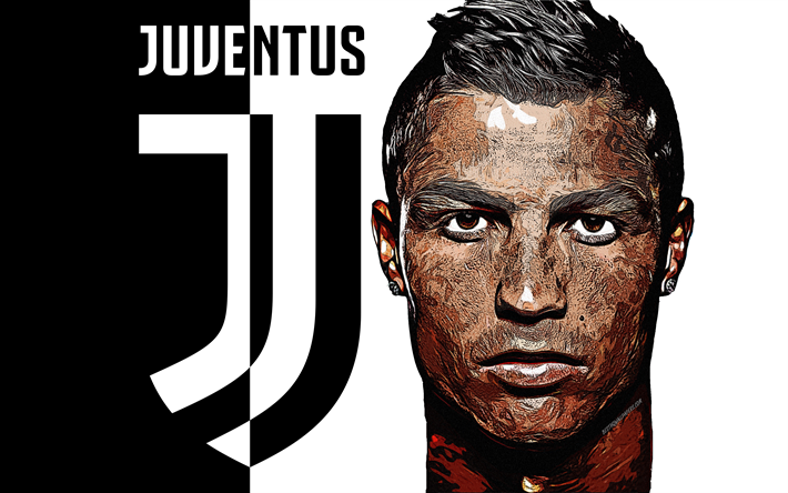 Cristiano Ronaldo, 4k, konst, Juventus FC, CR7, Portugisisk fotbollsspelare, portr&#228;tt, CR7JUVE, grunge konst, nya Juventus logotyp, emblem, svart och vit bakgrund, kreativ konst, Serie A, Italien, fotboll