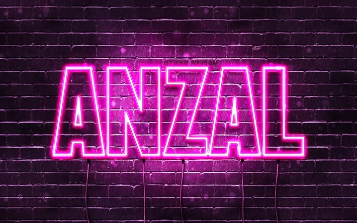 Anzal, 4k, fonds d&#39;&#233;cran avec noms, noms f&#233;minins, nom Anzal, n&#233;ons violets, joyeux anniversaire Anzal, noms f&#233;minins arabes populaires, photo avec nom Anzal