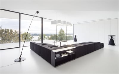 design interior elegante, sala de estar, paredes brancas na sala de estar, sof&#225; preto, interior minimalista, minimalista