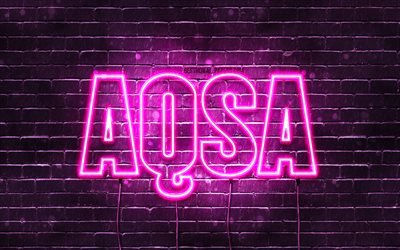 aqsa, 4k, hintergrundbilder mit namen, weiblichen namen, aqsa-name, lila neonlichter, happy birthday aqsa, beliebte arabische frauennamen, bild mit aqsa-name