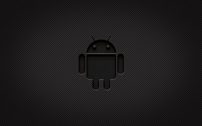 Logo carbone Android, 4k, art grunge, fond carbone, cr&#233;atif, logo noir Android, syst&#232;me d&#39;exploitation, logo Android, Android