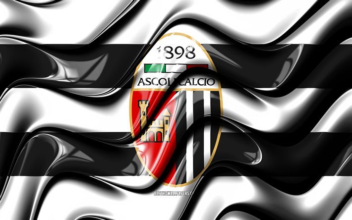 Drapeau Ascoli, 4k, vagues 3D blanches et noires, Serie A, club de football italien, Ascoli Calcio 1898, football, logo Ascoli, Ascoli FC