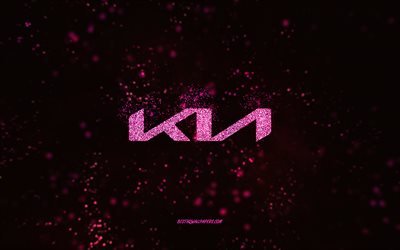 Kia logo glitter, 4k, sfondo nero, logo Kia, rosa glitter art, Kia, arte creativa, Kia rosa glitter logo
