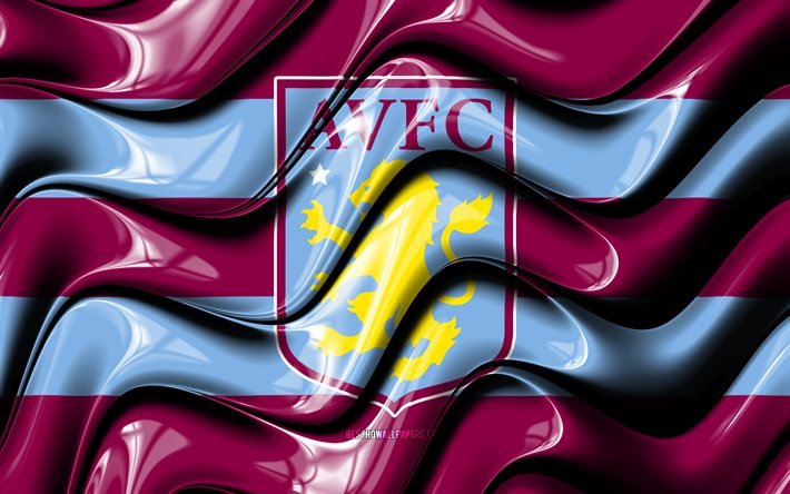 Bandeira do Aston Villa, 4k, ondas 3D roxas e azuis, Premier League, clube de futebol ingl&#234;s, futebol, logotipo do Aston Villa, Aston Villa FC