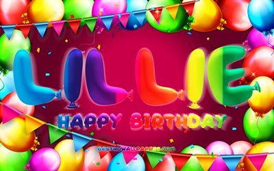 Happy Birthday Lillie, 4k, colorful balloon frame, Lillie name, purple background, Lillie Happy Birthday, Lillie Birthday, popular american female names, Birthday concept, Lillie