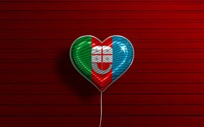 I Love Liguria, 4k, realistic balloons, red wooden background, Day of Liguria, italian regions, flag of Liguria, Italy, balloon with flag, Liguria flag, Liguria
