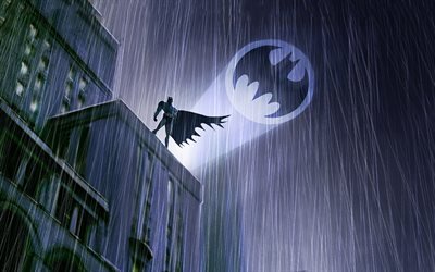 Batman, pluie, DC comics, t&#233;n&#232;bres, super-h&#233;ros, art 3D, Cartoon Batman, cr&#233;atif