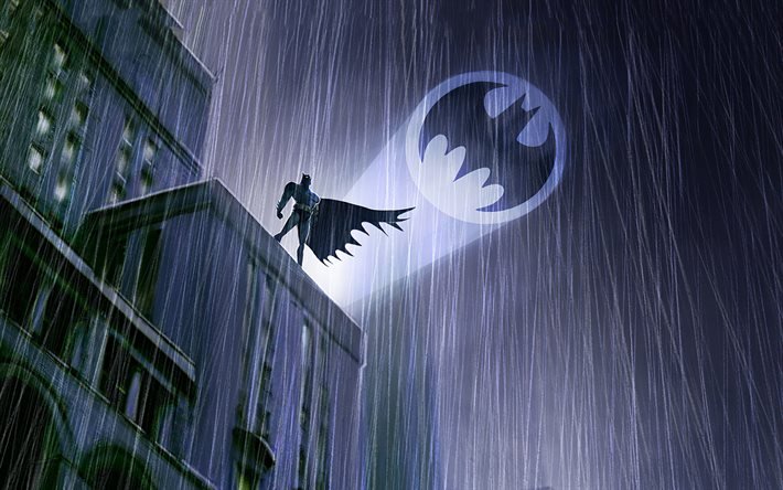 Batman, rain, DC comics, darkness, superheroes, 3D art, Cartoon Batman, creative