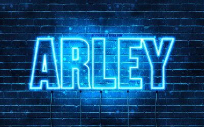 Arley, 4k, fonds d&#39;&#233;cran avec des noms, nom Arley, n&#233;ons bleus, joyeux anniversaire Arley, noms masculins arabes populaires, photo avec nom Arley