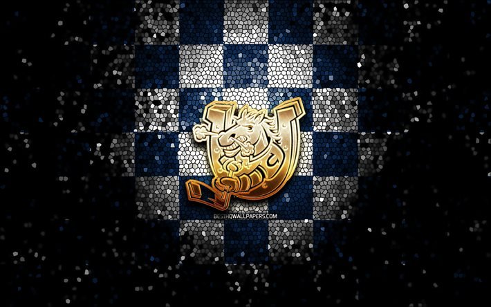 Barrie Colts, logo glitter, OHL, sfondo a scacchi bianco blu, hockey, squadra di hockey canadese, logo Barrie Colts, arte del mosaico, Canada