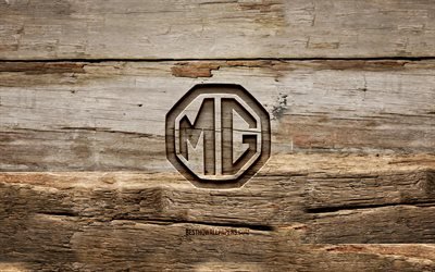 MG wooden logo, 4K, wooden backgrounds, cars brands, MG logo, creative, wood carving, MG