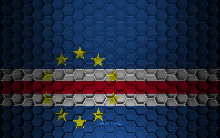Bandeira de Cabo Verde, textura de hex&#225;gonos 3D, Cabo Verde, textura 3D, bandeira de Cabo Verde 3D, textura de metal, bandeira de Cabo Verde
