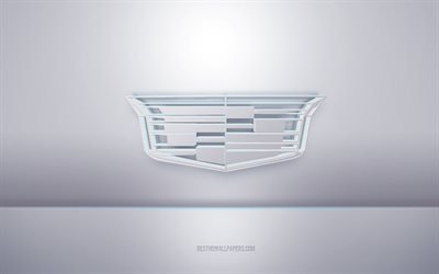 Cadillac 3d beyaz logo, gri arka plan, Cadillac logosu, yaratıcı 3d sanat, Cadillac, 3d amblem