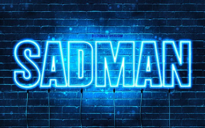 Sadman, 4k, bakgrundsbilder med namn, Sadman namn, bl&#229; neonljus, Grattis p&#229; f&#246;delsedagen Sadman, popul&#228;ra arabiska manliga namn, bild med Sadman namn