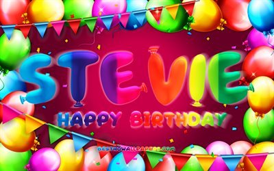 Joyeux anniversaire Stevie, 4k, cadre de ballon color&#233;, nom Stevie, fond violet, Stevie joyeux anniversaire, anniversaire Stevie, noms f&#233;minins am&#233;ricains populaires, concept d&#39;anniversaire, Stevie
