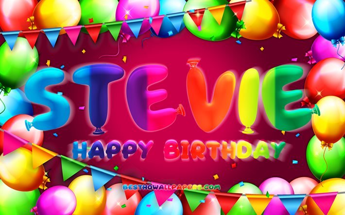お誕生日おめでとうスティービー, 4k, カラフルなバルーンフレーム, スティービーの名前, 紫の背景, スティービーお誕生日おめでとう, スティービーの誕生日, 人気のアメリカ人女性の名前, 誕生日のコンセプト, &quot;スティーブ？&quot;