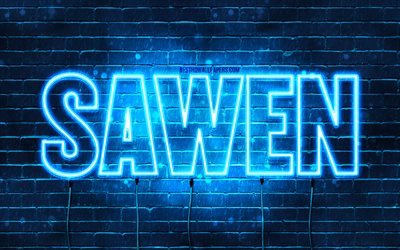 Sawen, 4k, bakgrundsbilder med namn, Sawen namn, bl&#229; neonljus, Grattis p&#229; f&#246;delsedagen Sawen, popul&#228;ra arabiska manliga namn, bild med Sawen namn