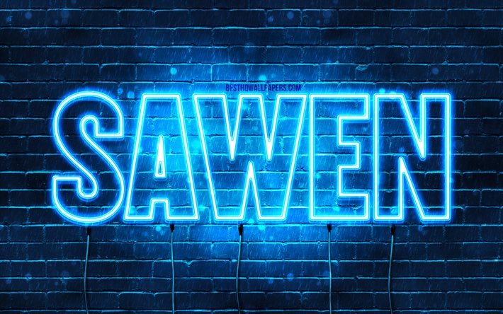 Sawen, 4k, fonds d&#39;&#233;cran avec des noms, nom Sawen, n&#233;ons bleus, joyeux anniversaire Sawen, noms masculins arabes populaires, photo avec nom Sawen