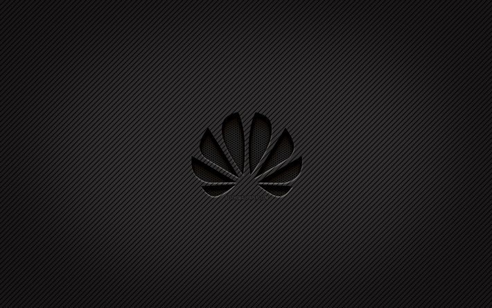 Huawei carbon logo, 4k, grunge art, carbon background, creative, Huawei black logo, Huawei logo, Huawei