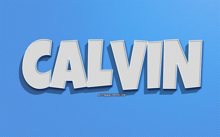 Calvin, sfondo linee blu, sfondi con nomi, nome Calvin, nomi maschili, biglietto di auguri Calvin, line art, foto con nome Calvin