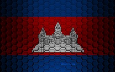 Cambodia flag, 3d hexagons texture, Cambodia, 3d texture, Cambodia 3d flag, metal texture, flag of Cambodia