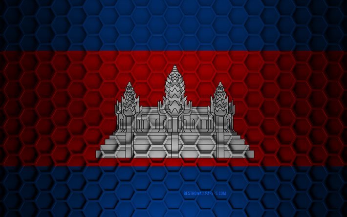 Cambodia flag, 3d hexagons texture, Cambodia, 3d texture, Cambodia 3d flag, metal texture, flag of Cambodia