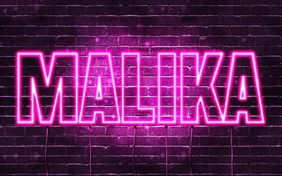 Malika, 4k, pap&#233;is de parede com nomes, nomes femininos, nome Malika, luzes de n&#233;on roxas, Feliz Anivers&#225;rio Malika, nomes femininos &#225;rabes populares, imagem com o nome Malika