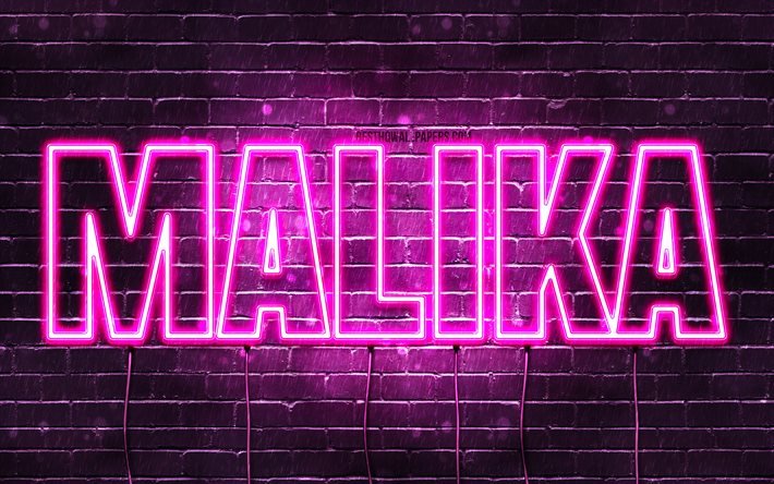 Malika, 4k, sfondi con nomi, nomi femminili, nome Malika, luci al neon viola, buon compleanno Malika, nomi femminili arabi popolari, foto con nome Malika