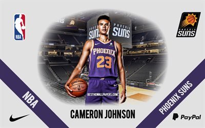 Cameron Johnson, Phoenix Suns, giocatore di basket americano, NBA, ritratto, USA, basket, Phoenix Suns Arena, logo dei Phoenix Suns